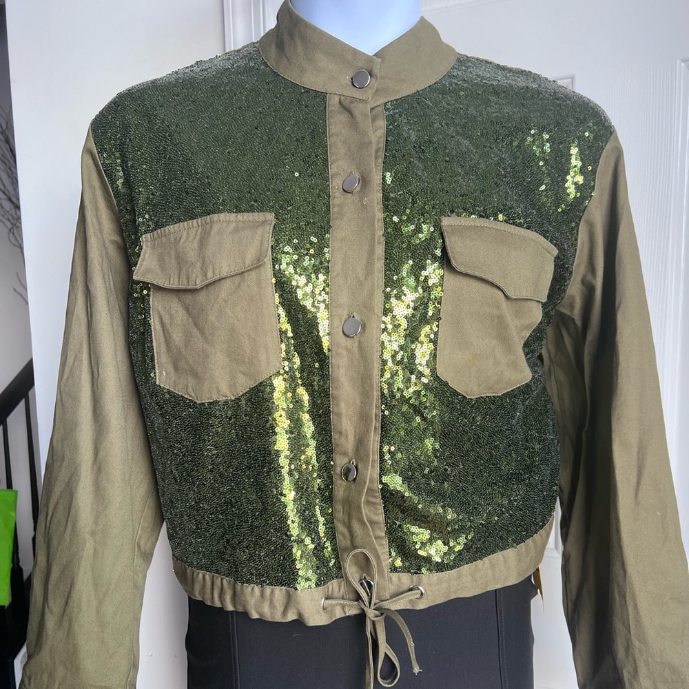 Ashley Stewart Olive Green  Sequin Cargo Jacket